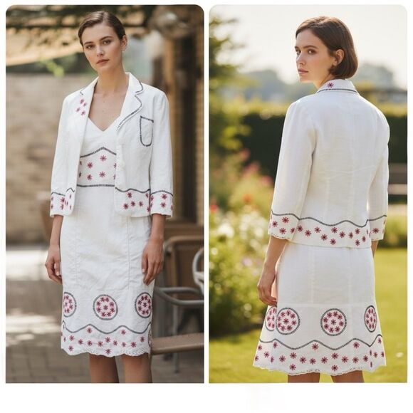Tibi White Embroidered Linen & Cotton Dress + Jacket Set | Size 0 & XS - Picture 1 of 16